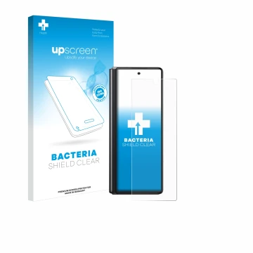 Parte frontal de un envase de producto con el logotipo de la marca upscreen. Al lado se muestra el dispositivo Samsung Galaxy 