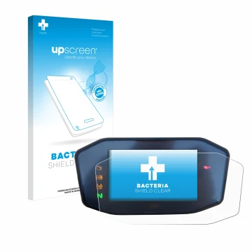 Parte frontal de un envase de producto con el logotipo de la marca upscreen. Al lado se muestra el dispositivo KTM 890 Duke R 