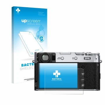 Parte frontal de un envase de producto con el logotipo de la marca upscreen. Al lado se muestra el dispositivo Fujifilm X100V 