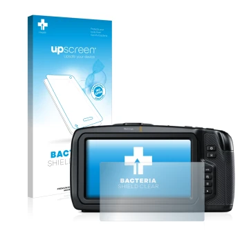 Parte frontal de un envase de producto con el logotipo de la marca upscreen. Al lado se muestra el dispositivo Blackmagic Pock