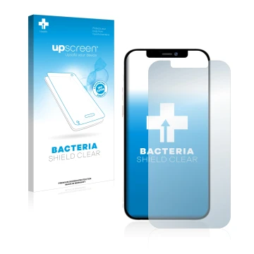 Parte frontal de un envase de producto con el logotipo de la marca upscreen. Al lado se muestra el dispositivo Apple iPhone 12