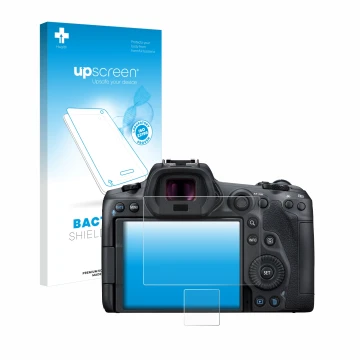 Parte frontal de un envase de producto con el logotipo de la marca upscreen. Al lado se muestra el dispositivo Canon EOS R5 co