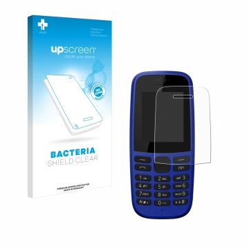 Parte frontal de un envase de producto con el logotipo de la marca upscreen. Al lado se muestra el dispositivo Nokia 105 DS 20
