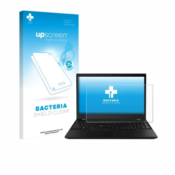 Parte frontal de un envase de producto con el logotipo de la marca upscreen. Al lado se muestra el dispositivo Lenovo ThinkPad