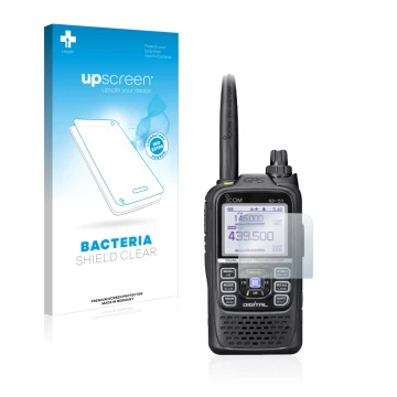 Parte frontal de un envase de producto con el logotipo de la marca upscreen. Al lado se muestra el dispositivo Icom ID-51E Plu