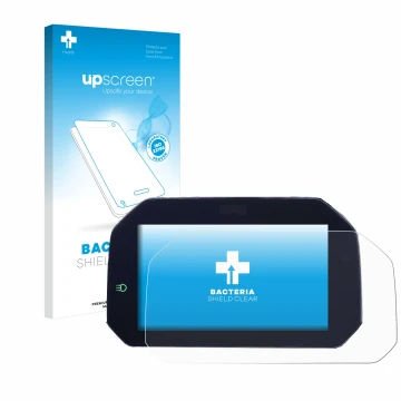 Parte frontal de un envase de producto con el logotipo de la marca upscreen. Al lado se muestra el dispositivo BMW F850GS 2018