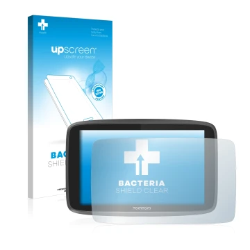 Parte frontal de un envase de producto con el logotipo de la marca upscreen. Al lado se muestra el dispositivo TomTom Go Profe