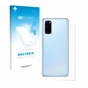 Parte frontal de un envase de producto con el logotipo de la marca upscreen. Al lado se muestra el dispositivo Samsung Galaxy 