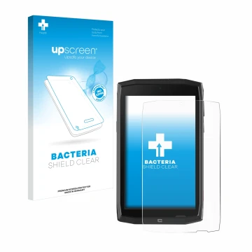 Parte frontal de un envase de producto con el logotipo de la marca upscreen. Al lado se muestra el dispositivo Crosscall Core 
