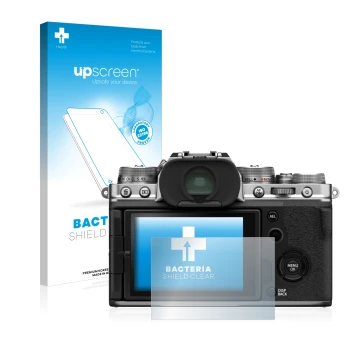 Parte frontal de un envase de producto con el logotipo de la marca upscreen. Al lado se muestra el dispositivo Fujifilm X-T4 c