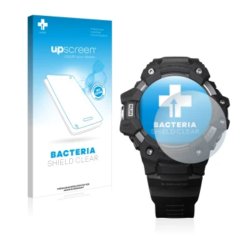 Parte frontal de un envase de producto con el logotipo de la marca upscreen. Al lado se muestra el dispositivo Casio G-Shock G