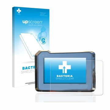 Parte frontal de un envase de producto con el logotipo de la marca upscreen. Al lado se muestra el dispositivo KTM 1290 Super 