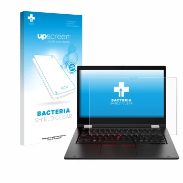 Parte frontal de un envase de producto con el logotipo de la marca upscreen. Al lado se muestra el dispositivo Lenovo ThinkPad