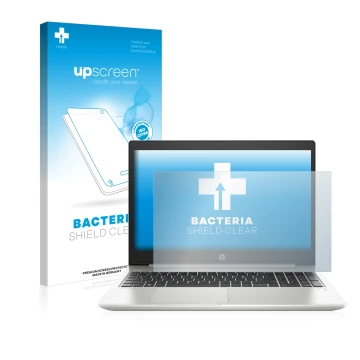 Parte frontal de un envase de producto con el logotipo de la marca upscreen. Al lado se muestra el dispositivo HP ProBook 450 