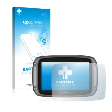 Parte frontal de un envase de producto con el logotipo de la marca upscreen. Al lado se muestra el dispositivo TomTom Rider 50