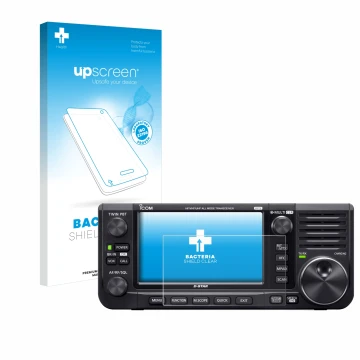 Parte frontal de un envase de producto con el logotipo de la marca upscreen. Al lado se muestra el dispositivo Icom IC-705 con