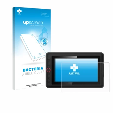 Parte frontal de un envase de producto con el logotipo de la marca upscreen. Al lado se muestra el dispositivo XP-Pen Artist 1