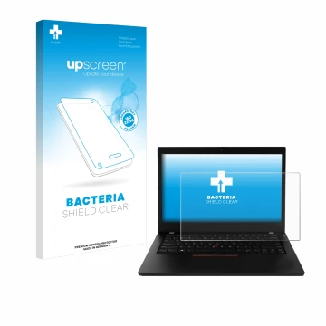 Parte frontal de un envase de producto con el logotipo de la marca upscreen. Al lado se muestra el dispositivo Lenovo ThinkPad