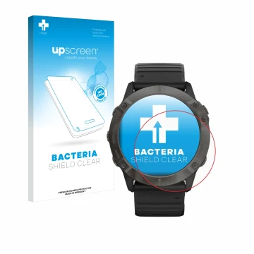 Parte frontal de un envase de producto con el logotipo de la marca upscreen. Al lado se muestra el dispositivo Garmin Fenix 6X