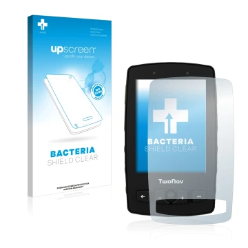 Parte frontal de un envase de producto con el logotipo de la marca upscreen. Al lado se muestra el dispositivo TwoNav Aventura