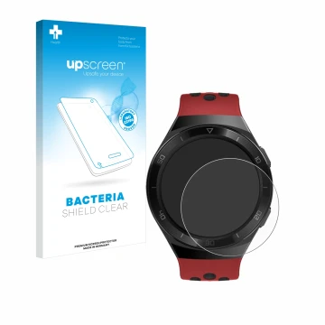 Parte frontal de un envase de producto con el logotipo de la marca upscreen. Al lado se muestra el dispositivo Huawei Watch GT