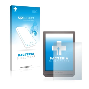 Parte frontal de un envase de producto con el logotipo de la marca upscreen. Al lado se muestra el dispositivo PocketBook InkP