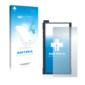 Parte frontal de un envase de producto con el logotipo de la marca upscreen. Al lado se muestra el dispositivo FiiO M15 con su