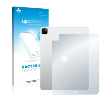 Parte frontal de un envase de producto con el logotipo de la marca upscreen. Al lado se muestra el dispositivo Apple iPad Pro 
