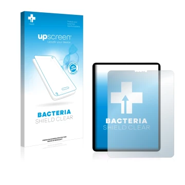 Parte frontal de un envase de producto con el logotipo de la marca upscreen. Al lado se muestra el dispositivo Apple iPad Pro 