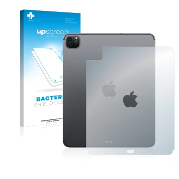 Parte frontal de un envase de producto con el logotipo de la marca upscreen. Al lado se muestra el dispositivo Apple iPad Pro 