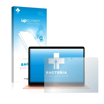Parte frontal de un envase de producto con el logotipo de la marca upscreen. Al lado se muestra el dispositivo Apple MacBook A