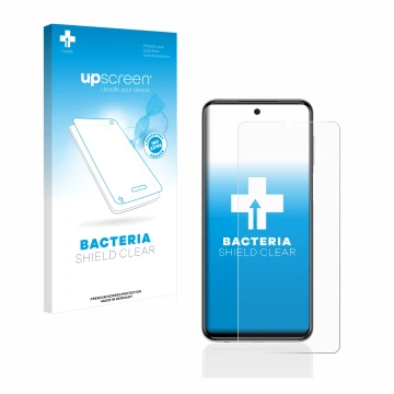 Parte frontal de un envase de producto con el logotipo de la marca upscreen. Al lado se muestra el dispositivo Xiaomi Redmi No