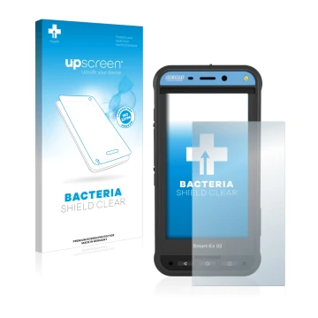 Parte frontal de un envase de producto con el logotipo de la marca upscreen. Al lado se muestra el dispositivo Ecom Smart-Ex 0