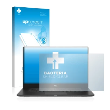 Parte frontal de un envase de producto con el logotipo de la marca upscreen. Al lado se muestra el dispositivo Dell Precision 