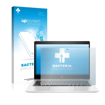 Parte frontal de un envase de producto con el logotipo de la marca upscreen. Al lado se muestra el dispositivo HP EliteBook x3