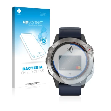 Parte frontal de un envase de producto con el logotipo de la marca upscreen. Al lado se muestra el dispositivo Garmin quatix 6