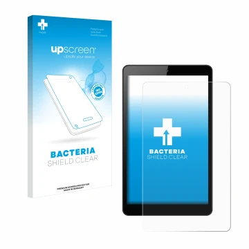 Parte frontal de un envase de producto con el logotipo de la marca upscreen. Al lado se muestra el dispositivo Huawei MediaPad