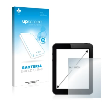 Parte frontal de un envase de producto con el logotipo de la marca upscreen. Al lado se muestra el dispositivo con su protecto