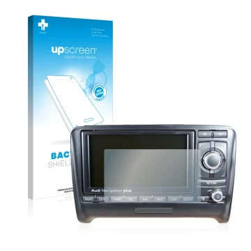 Parte frontal de un envase de producto con el logotipo de la marca upscreen. Al lado se muestra el dispositivo Audi A3 8P 2004