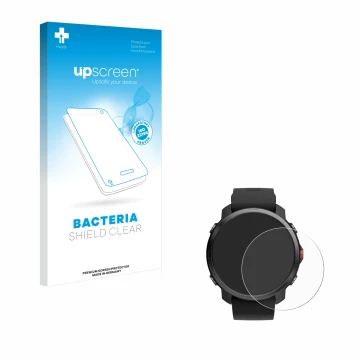 Parte frontal de un envase de producto con el logotipo de la marca upscreen. Al lado se muestra el dispositivo Polar Grit X co