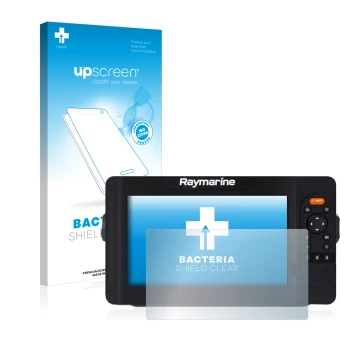 Parte frontal de un envase de producto con el logotipo de la marca upscreen. Al lado se muestra el dispositivo Raymarine Eleme