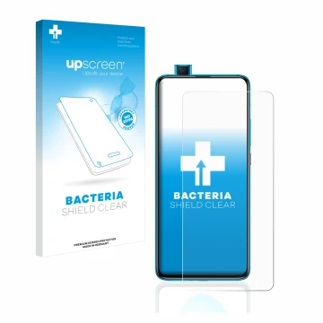 Parte frontal de un envase de producto con el logotipo de la marca upscreen. Al lado se muestra el dispositivo Xiaomi Poco F2 