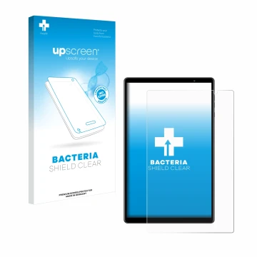 Parte frontal de un envase de producto con el logotipo de la marca upscreen. Al lado se muestra el dispositivo Teclast P10S co