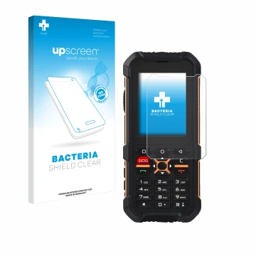 Parte frontal de un envase de producto con el logotipo de la marca upscreen. Al lado se muestra el dispositivo RugGear RG170 c