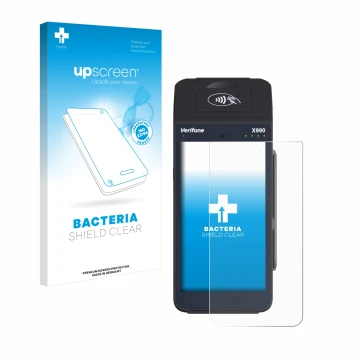 Parte frontal de un envase de producto con el logotipo de la marca upscreen. Al lado se muestra el dispositivo Verifone X990 c