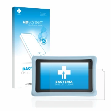 Parte frontal de un envase de producto con el logotipo de la marca upscreen. Al lado se muestra el dispositivo Pebble Gear 7