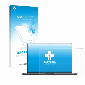 Parte frontal de un envase de producto con el logotipo de la marca upscreen. Al lado se muestra el dispositivo Apple MacBook P