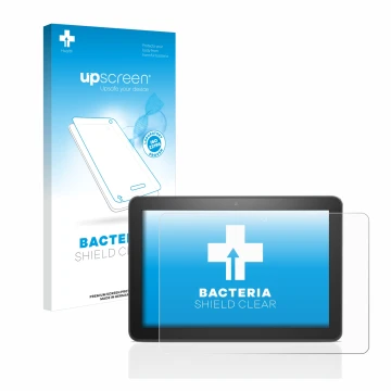 Parte frontal de un envase de producto con el logotipo de la marca upscreen. Al lado se muestra el dispositivo Amazon Fire HD 