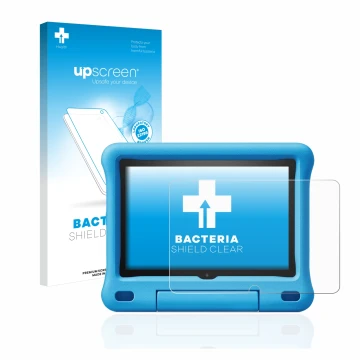 Parte frontal de un envase de producto con el logotipo de la marca upscreen. Al lado se muestra el dispositivo Amazon Fire HD 