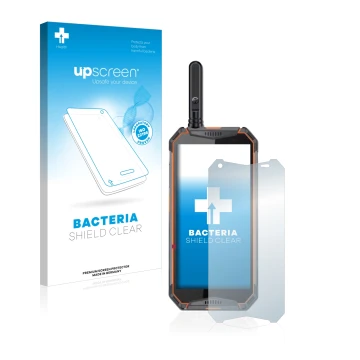 Parte frontal de un envase de producto con el logotipo de la marca upscreen. Al lado se muestra el dispositivo Ulefone Armor 3